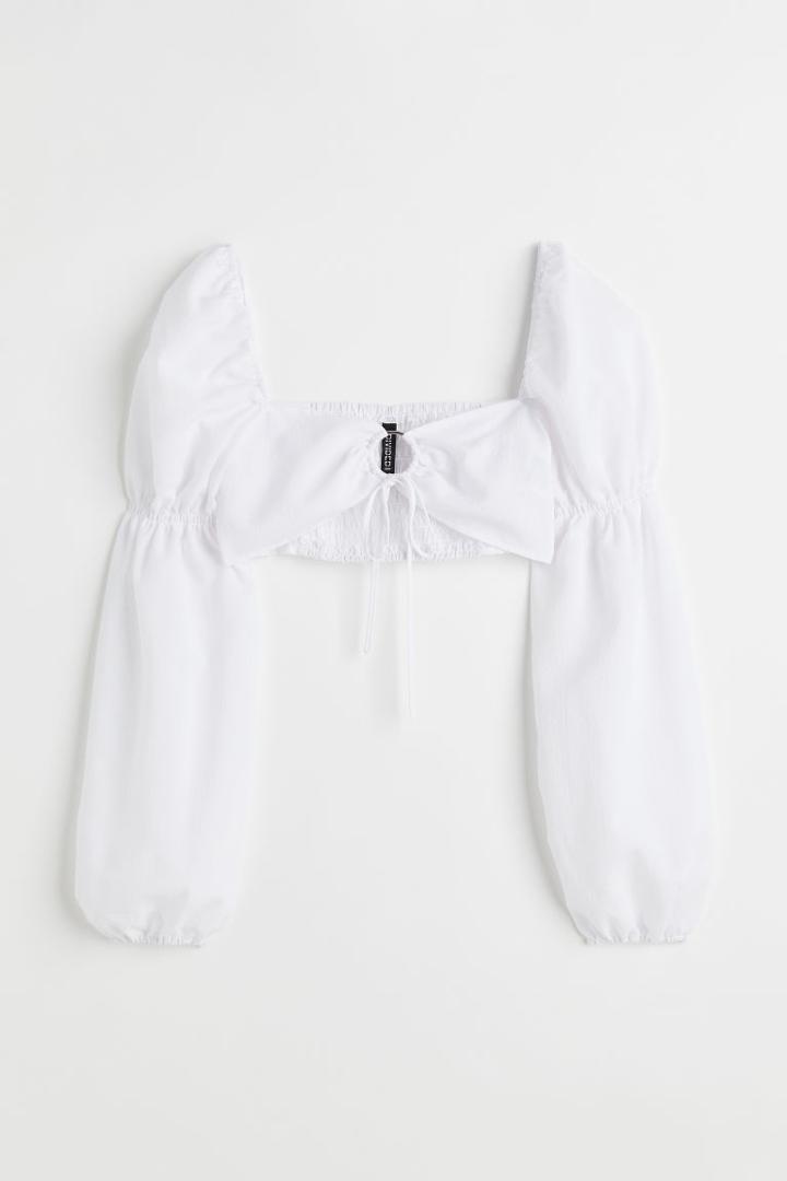 H & M - Balloon-sleeved Crop Blouse - White