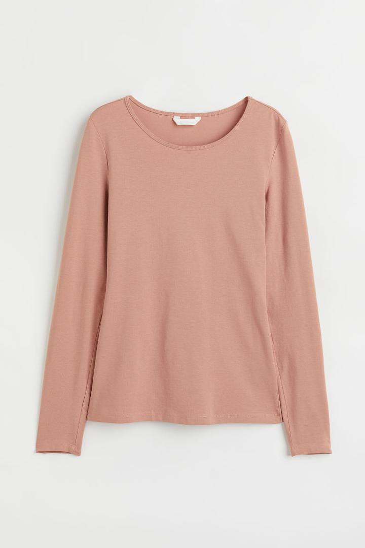 H & M - Long-sleeved Jersey Top - Beige