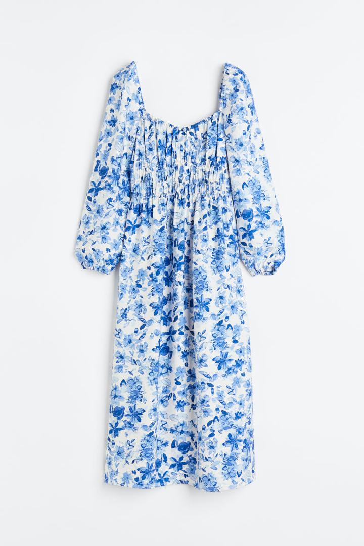 H & M - Balloon-sleeved Smocked Dress - White