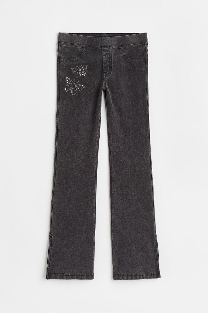 H & M - Rhinestone-detail Flared Jeggings - Gray