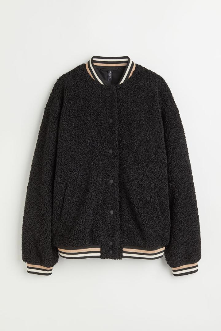H & M - Faux Shearling Baseball Jacket - Black