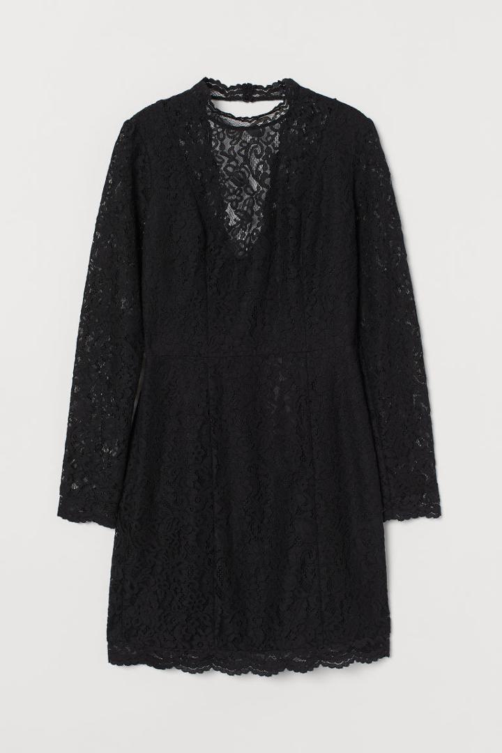 H & M - Scallop-edged Lace Dress - Black