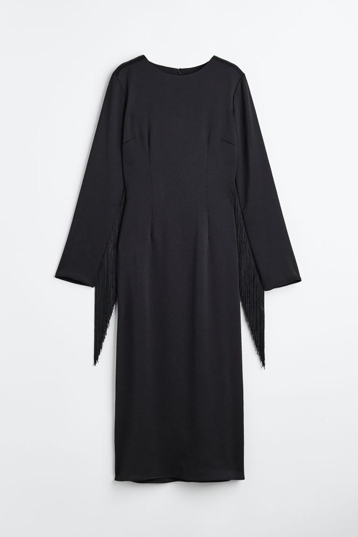 H & M - Fringe-trimmed Satin Dress - Black