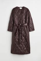 H & M - Quilted Tie-belt Coat - Brown