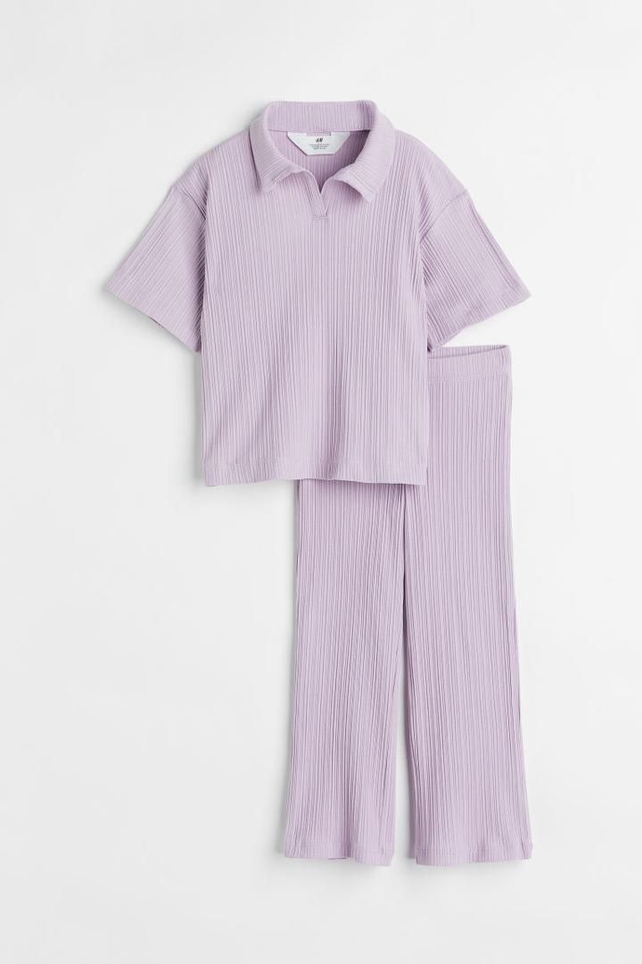 H & M - 2-piece Ribbed Jersey Set - Purple