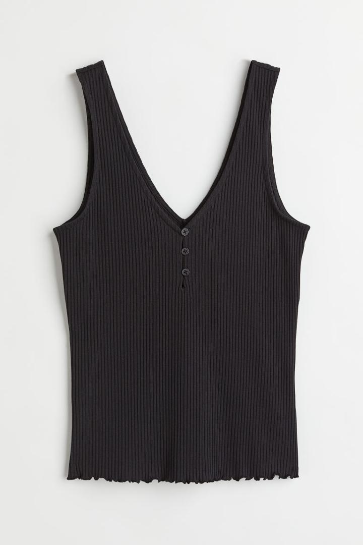 H & M - Ribbed Button-front Tank Top - Black