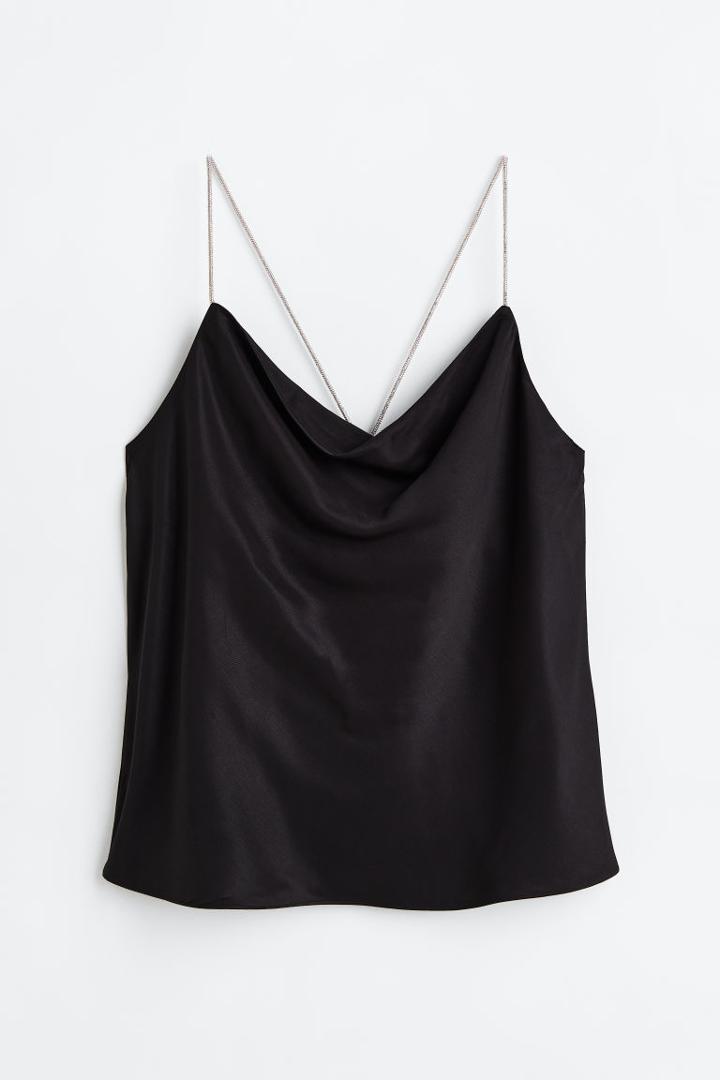 H & M - Rhinestone-strap Satin Camisole Top - Black