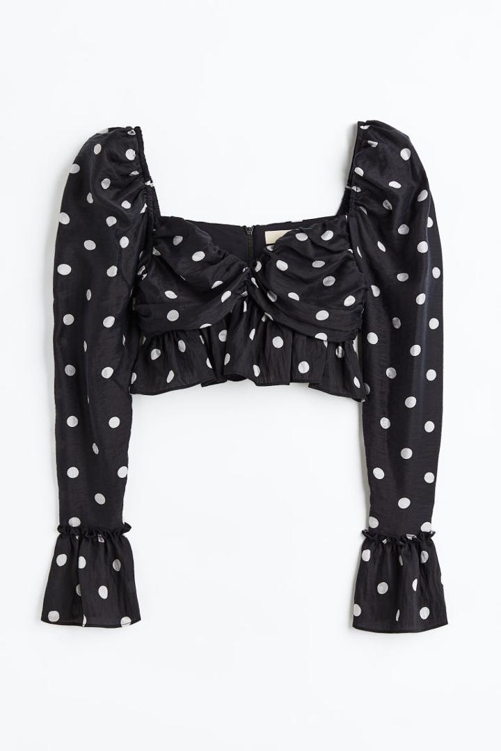 H & M - Short Puff-sleeved Peplum Blouse - Black