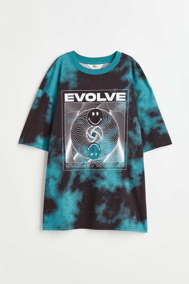 H & M - Oversized Printed T-shirt - Turquoise