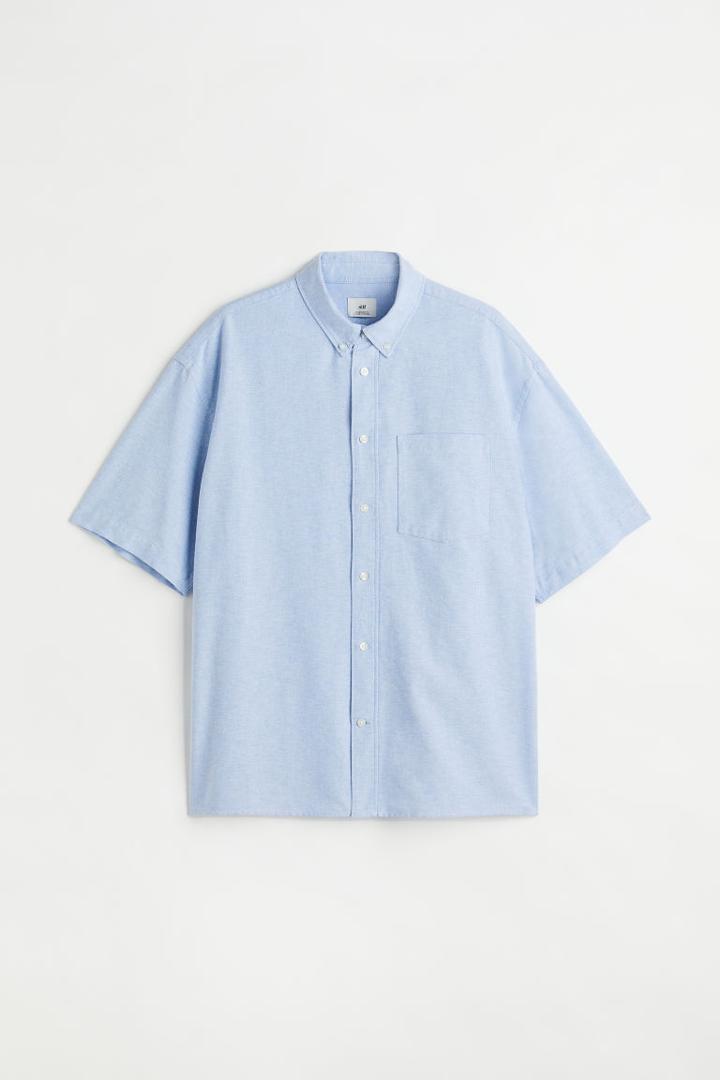 H & M - Oversized Fit Short-sleeved Oxford Shirt - Blue