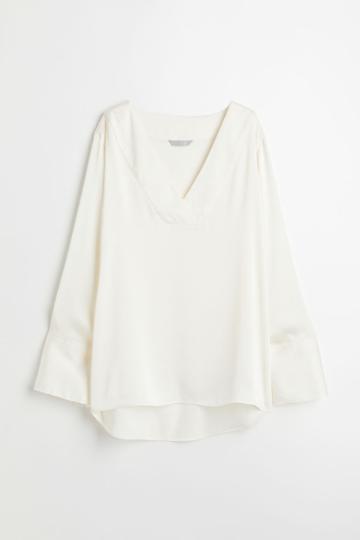 H & M - V-neck Satin Blouse - White