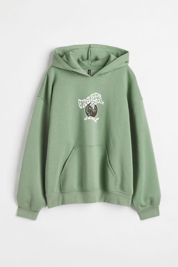 H & M - Oversized Printed Hoodie - Green