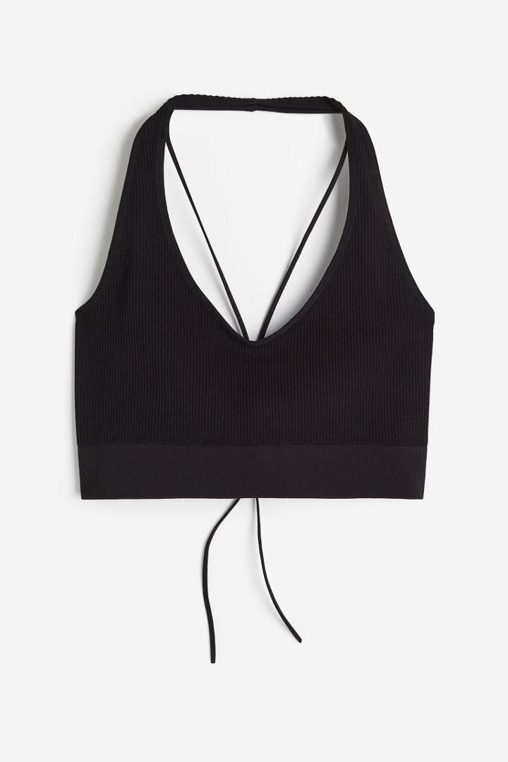 H & M - Seamless Halterneck Top With Lacing - Black