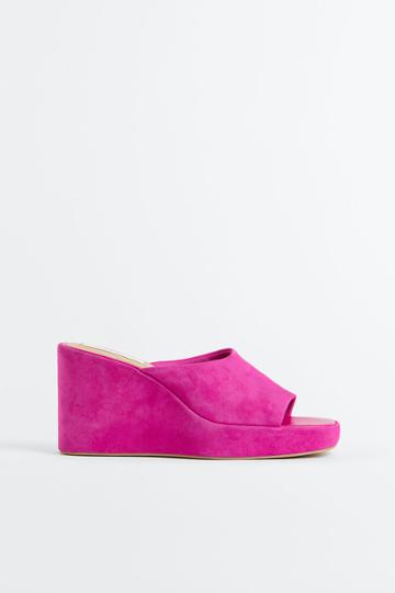 H & M - Wedge-heeled Suede Mules - Pink