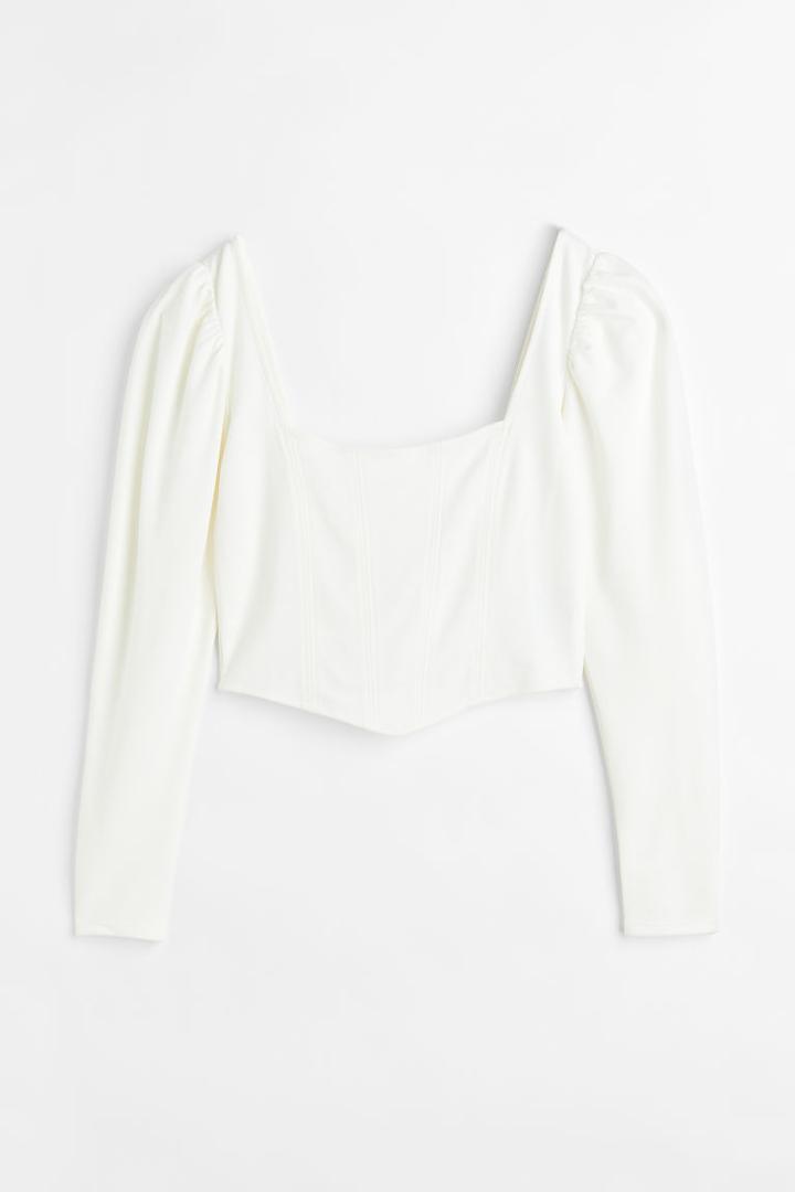H & M - Puff-sleeved Corset Top - White