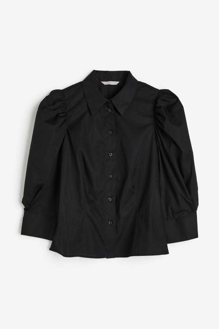 H & M - Puff-sleeved Poplin Blouse - Black