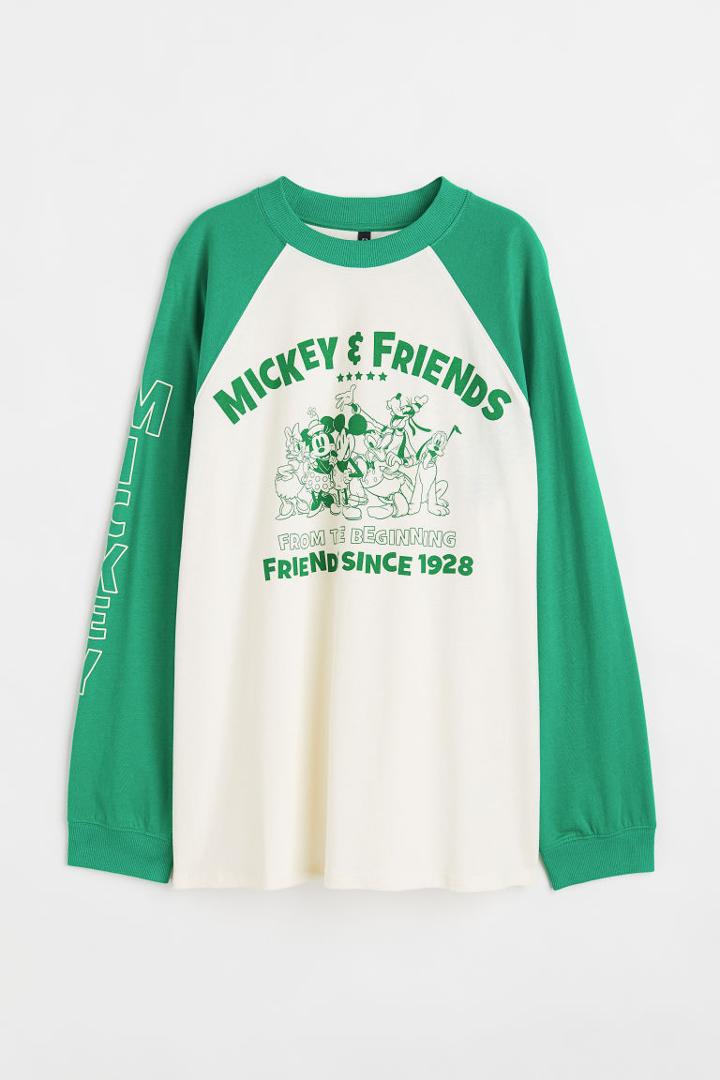 H & M - Long-sleeved Printed Top - White