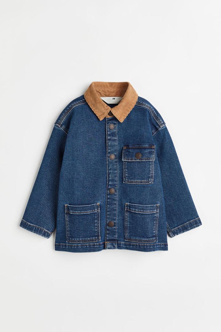 H & M - Comfort Stretch Corduroy-collared Denim Jacket - Blue