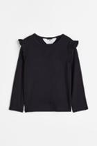 H & M - Ruffle-trimmed Ribbed Top - Black