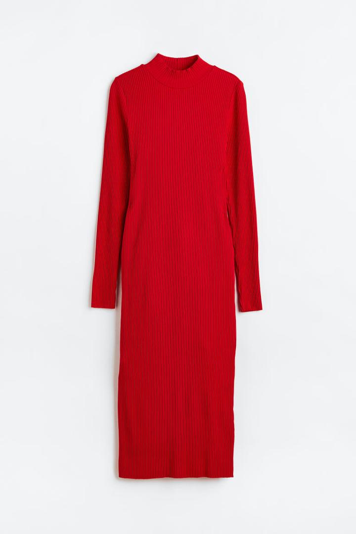 H & M - Ribbed Mock-turtleneck Dress - Red