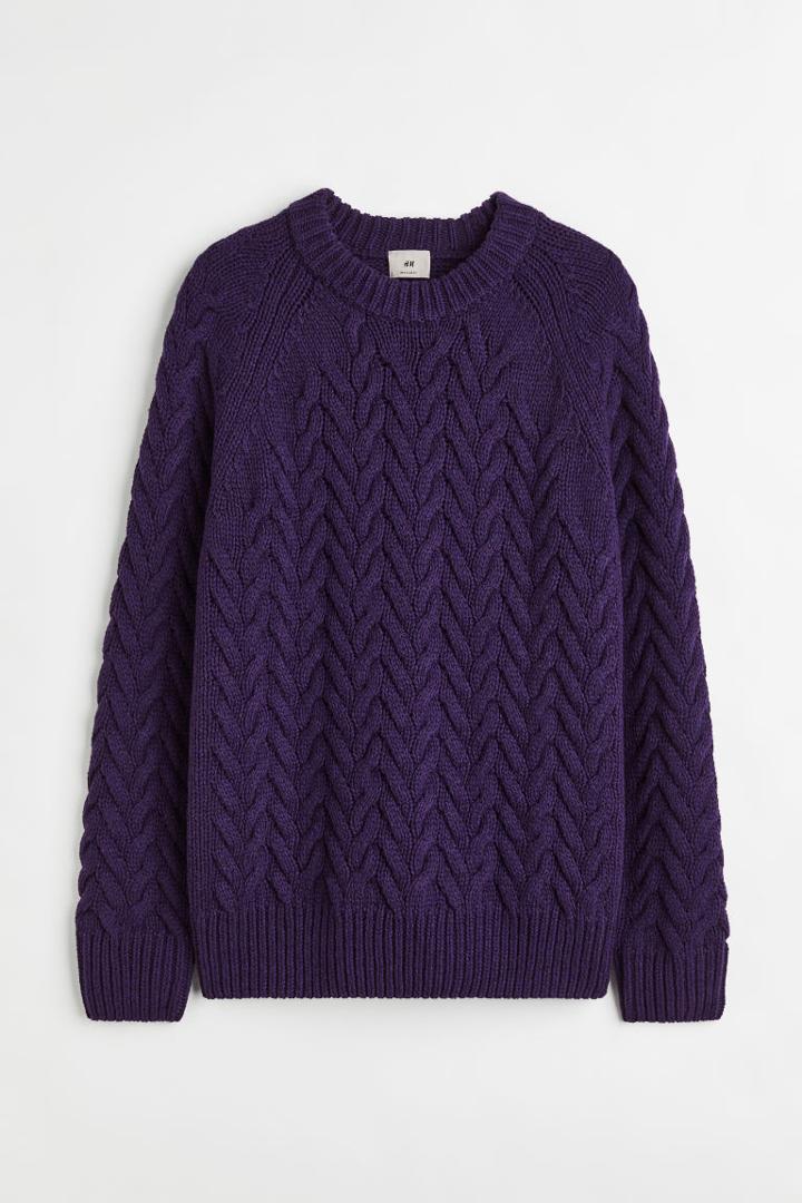 H & M - Regular Fit Wool-blend Cable-knit Sweater - Purple