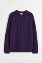 H & M - Regular Fit Wool-blend Cable-knit Sweater - Purple