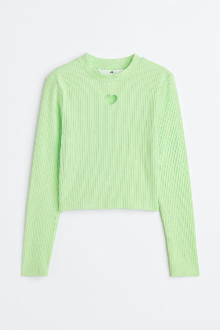 H & M - Short Ribbed Cotton Jersey Top - Green