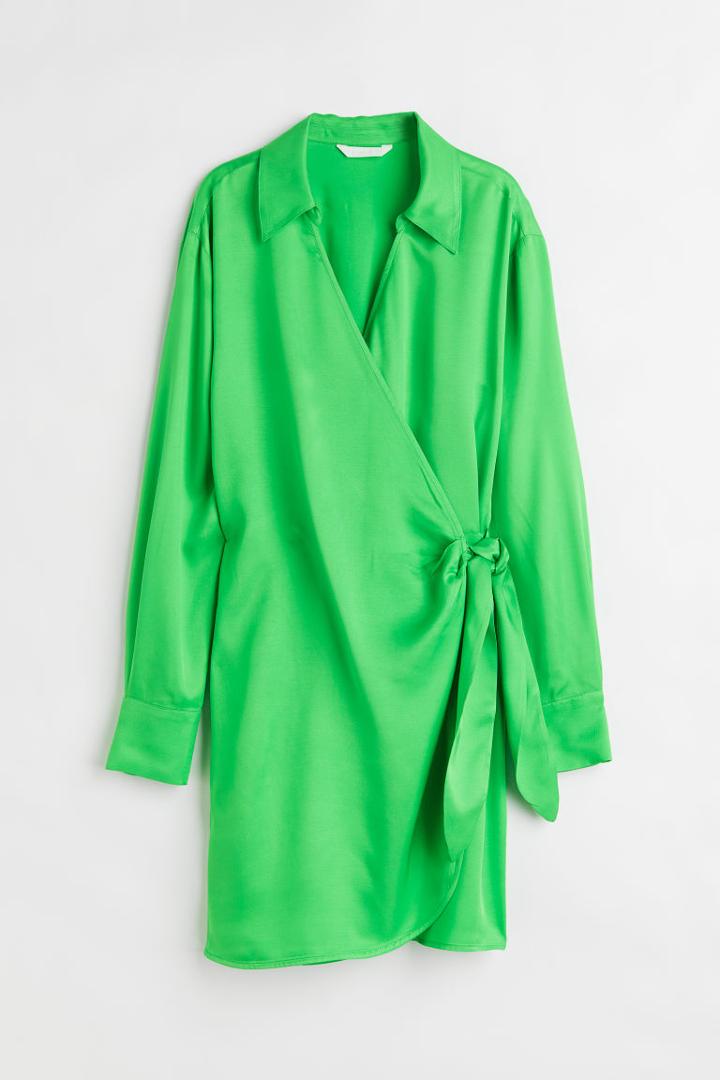 H & M - Satin Wrapover Shirt Dress - Green