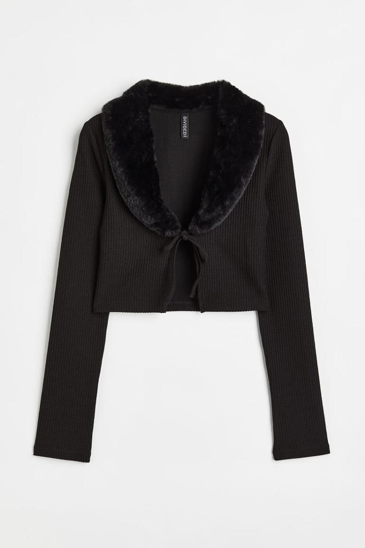 H & M - Tie-front Crop Cardigan - Black