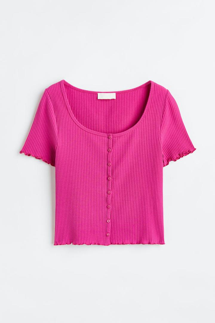 H & M - Button-front Ribbed Top - Pink