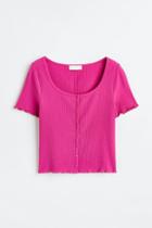 H & M - Button-front Ribbed Top - Pink