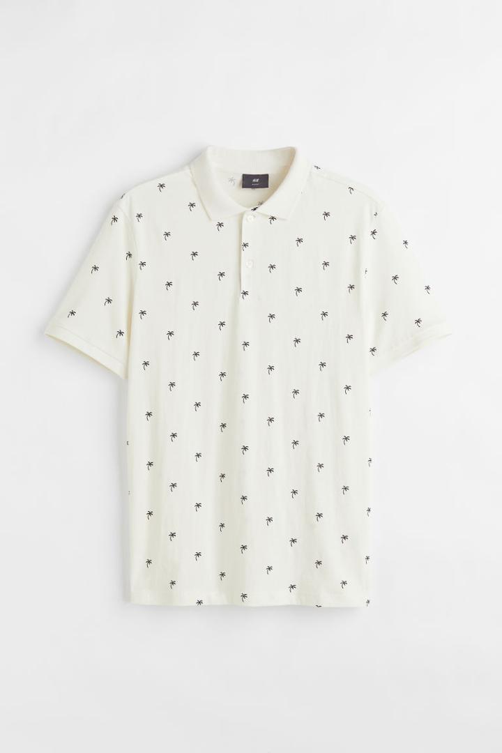H & M - Slim Fit Patterned Polo Shirt - White