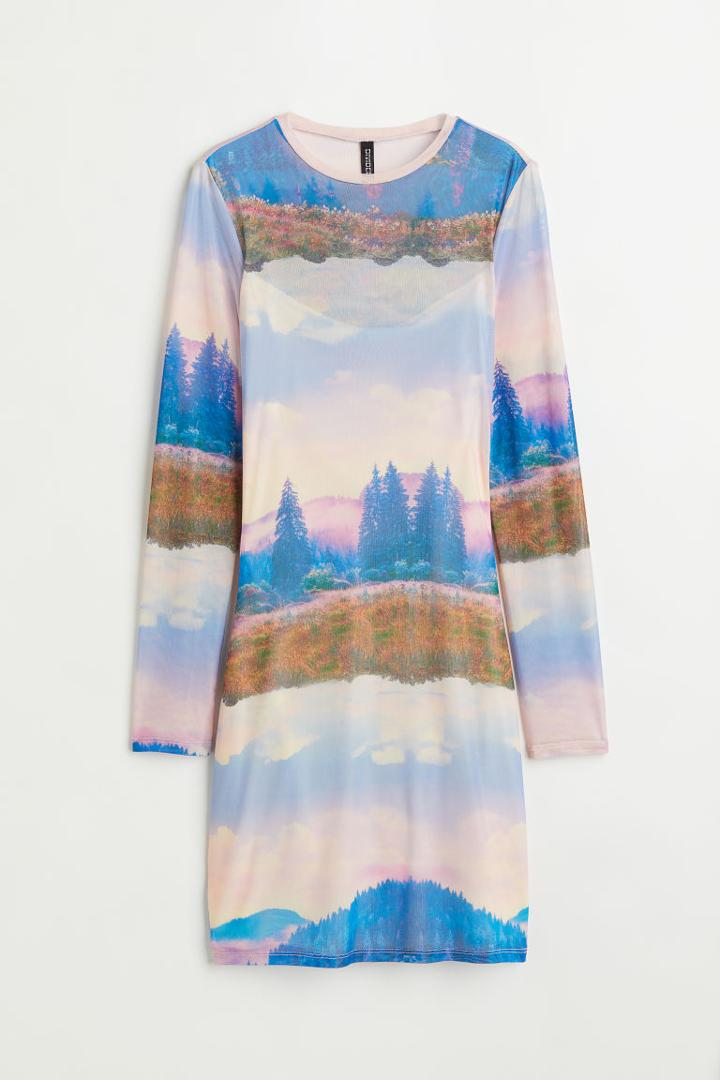 H & M - Long-sleeved Mesh Dress - White