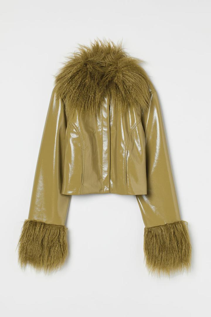 H & M - Faux Fur-trimmed Jacket - Yellow