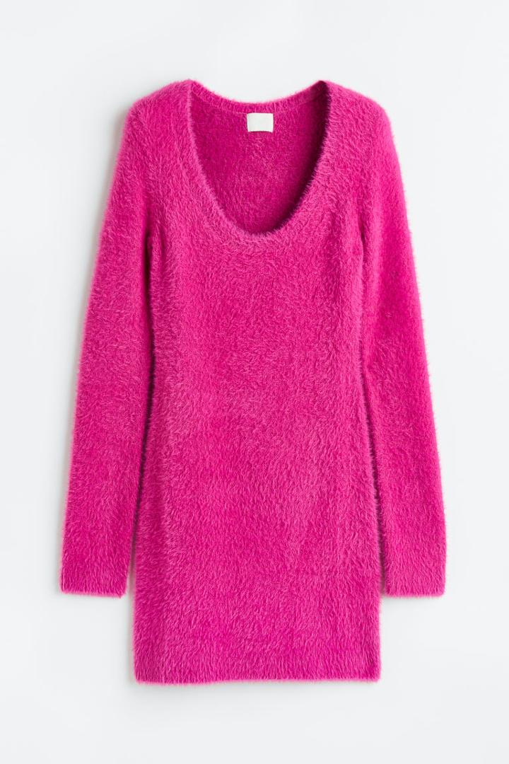 H & M - Fluffy-knit Bodycon Dress - Pink