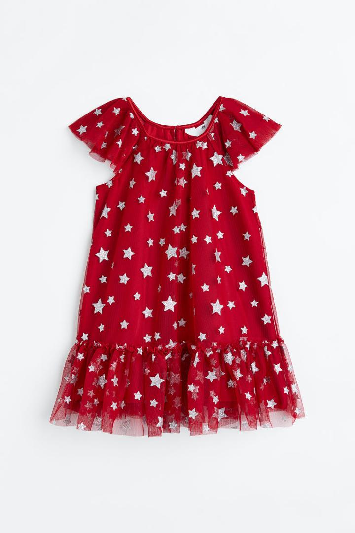 H & M - Butterfly-sleeved Tulle Dress - Red