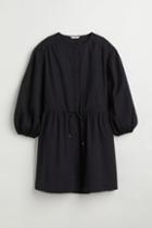 H & M - Short Linen-blend Dress - Black