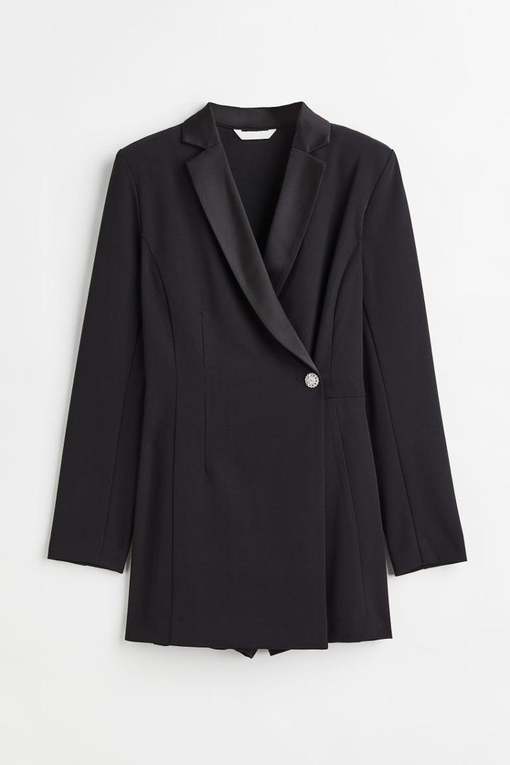 H & M - Rhinestone-button Jacket-style Romper - Black