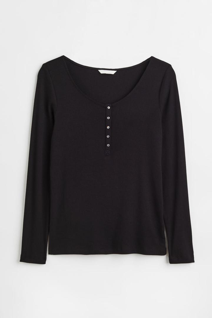 H & M - H & M+ Ribbed Henley Shirt - Black