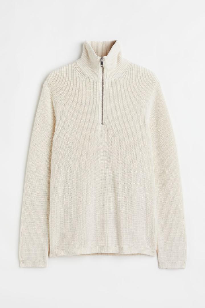 H & M - Relaxed Fit Rib-knit Half-zip Sweater - White