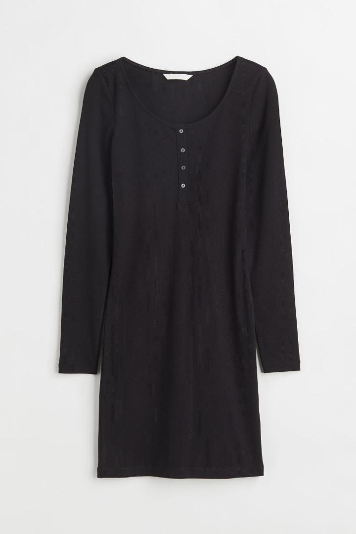 H & M - Button-top Jersey Dress - Black