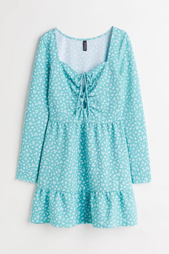 H & M - Crped Dress With Lacing - Turquoise