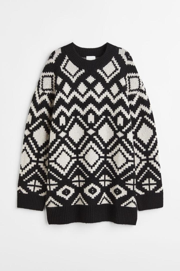 H & M - Long Jacquard-knit Sweater - Black