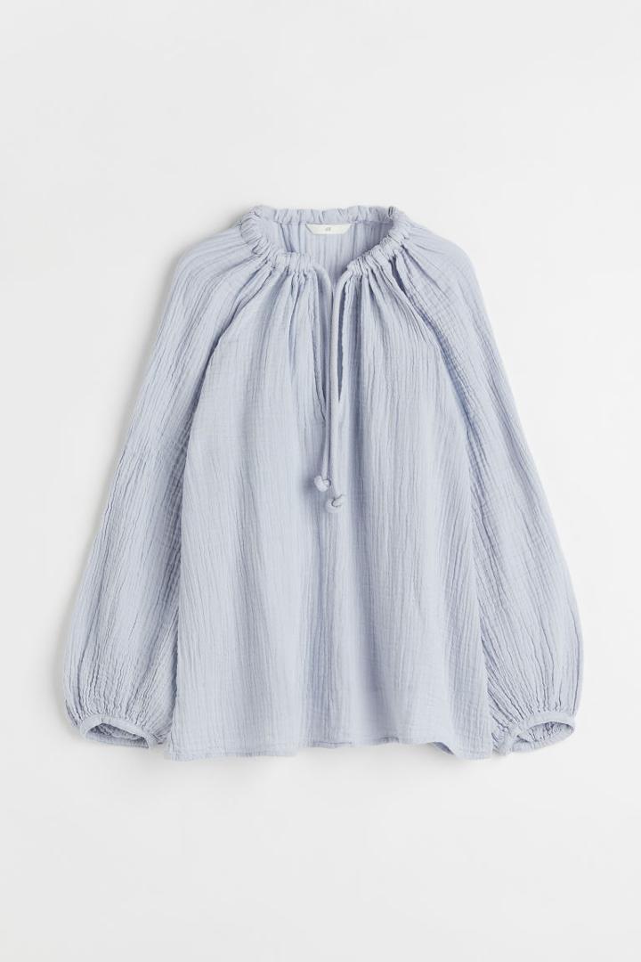 H & M - Cotton Balloon-sleeved Blouse - Blue