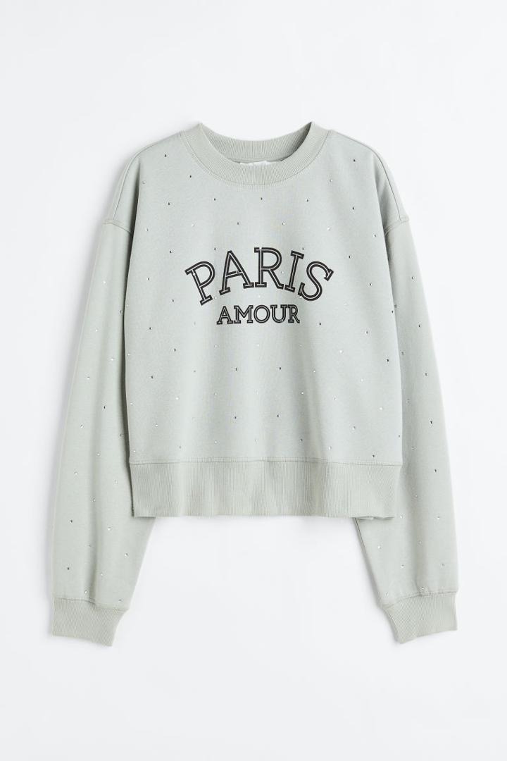 H & M - Rhinestone-embellished Sweatshirt - Turquoise