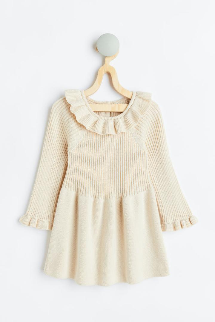 H & M - Collared Rib-knit Dress - Beige