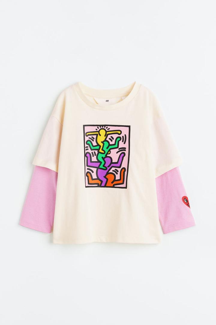 H & M - Long-sleeved Printed T-shirt - White