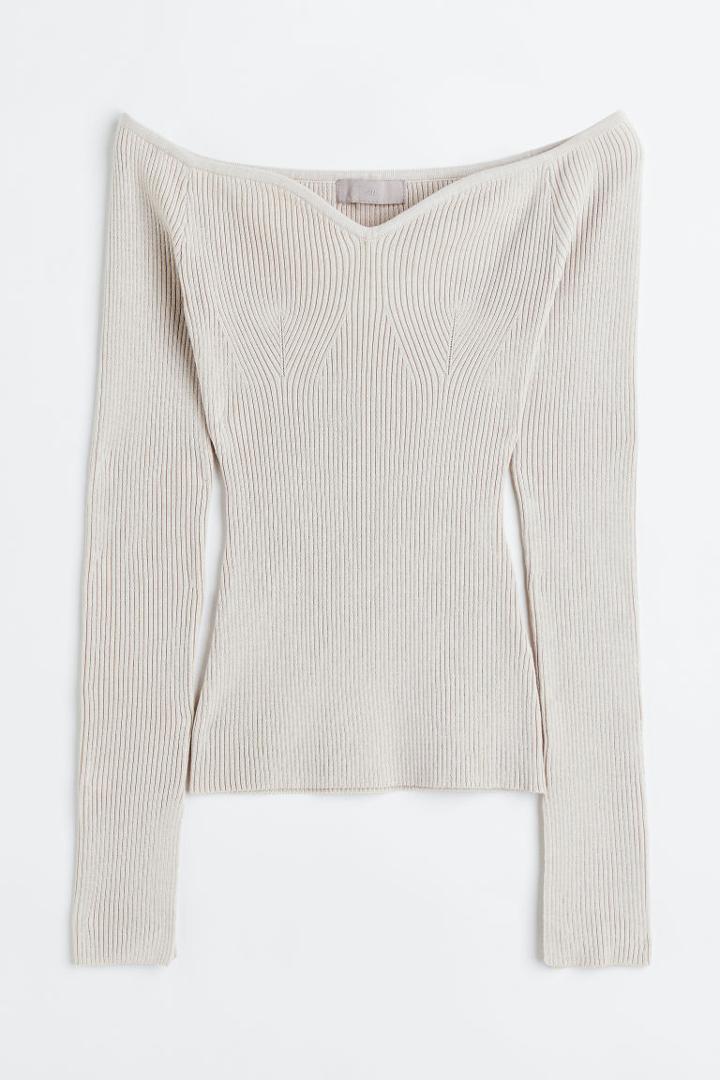 H & M - Off-the-shoulder Rib-knit Top - Beige