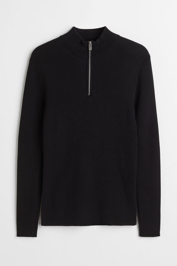 H & M - Muscle Fit Rib-knit Sweater - Black