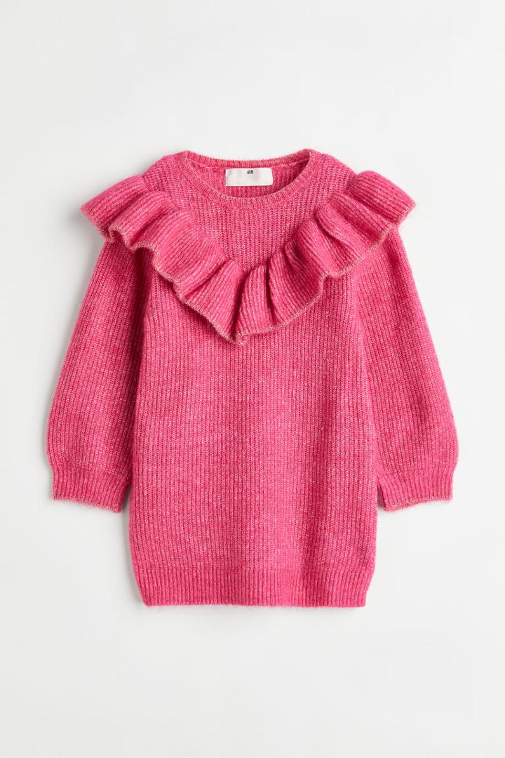 H & M - Flounce-trimmed Knit Dress - Pink